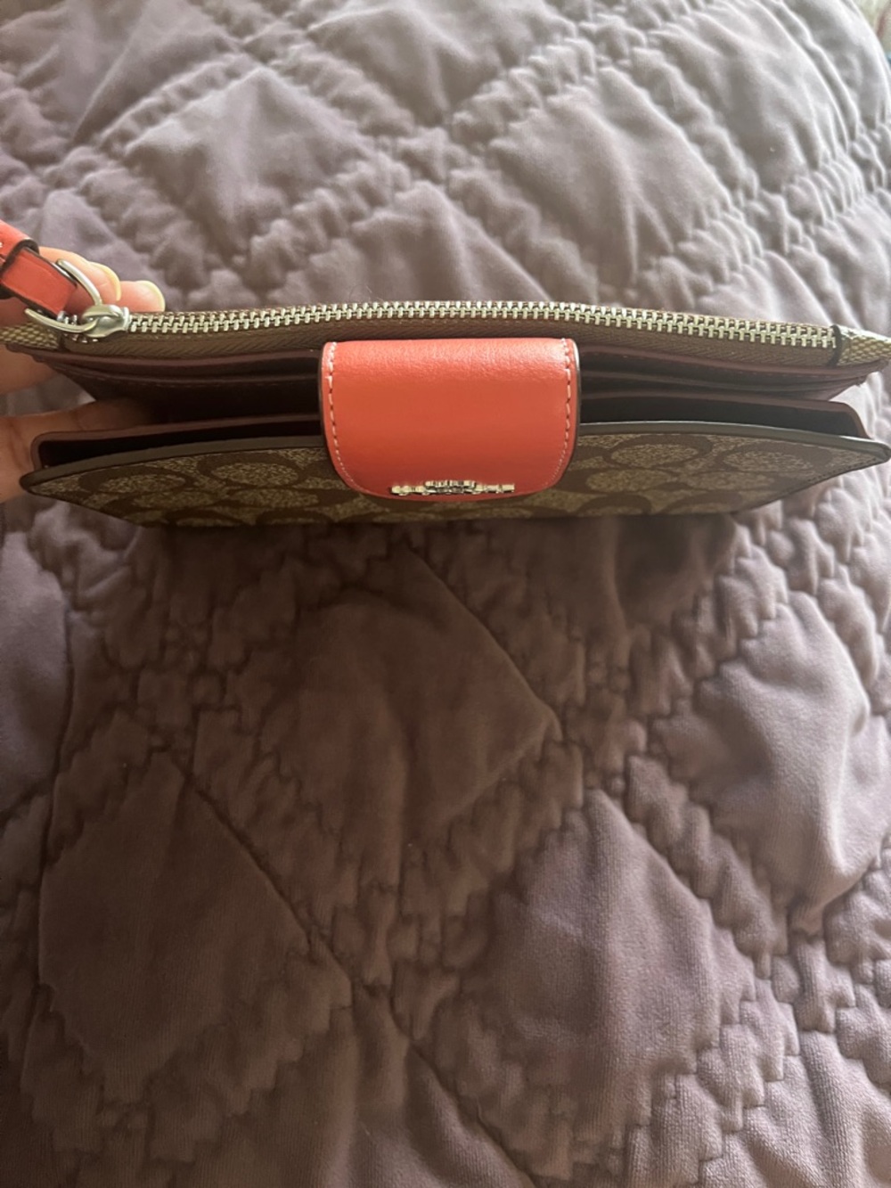 Coach Brown Signature Phone Wallet with Coral Snap and Strap - Picture 3 of 5